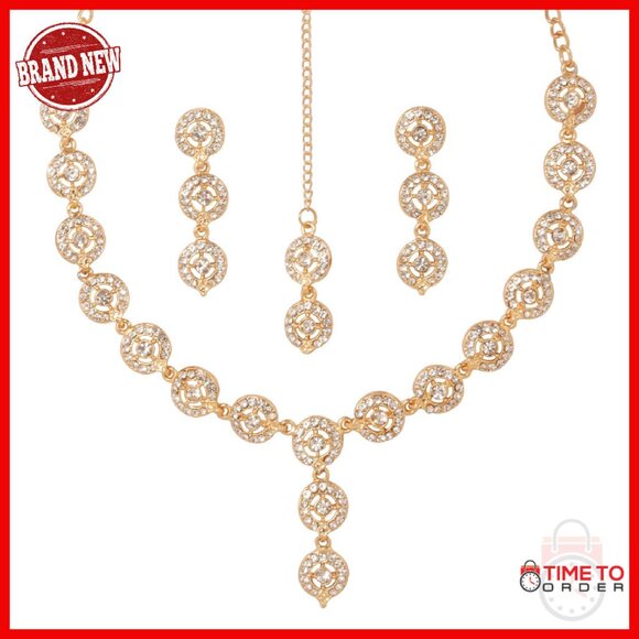 Gold Rhinestone Jewelry Set Wedding Prom Statement Necklace Earrings